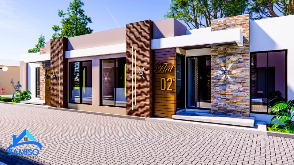 1 x 2 Two bedroom Flats @ K896,597.8 while Complete Construction @ K1,483,300.00 Each unit  has the following features   1.Master Bedroom Suite     -Walk in Closet    -Bath/Wc 2.One bedrooms -Self Contained 3. Communal Wc 4.Opening plan Modern Kitchen      -Lounge     -Dinning      -Kitchen  5.Pantry 6.Front Porch